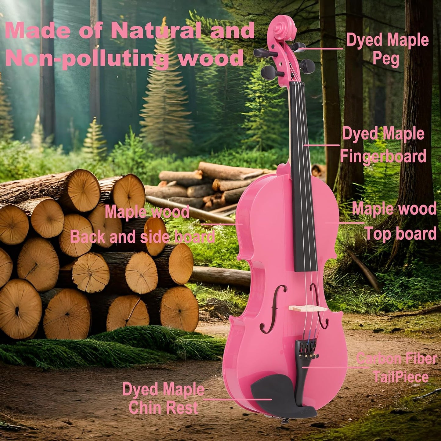 4/4 Full Size Fiddle Pink Colored Premium Violin Outfit for Beginners Adults Kids With 5 Color Fingering Tape- Handcrafted Student Beginner Violin.(Pink, 4/4 Full)
