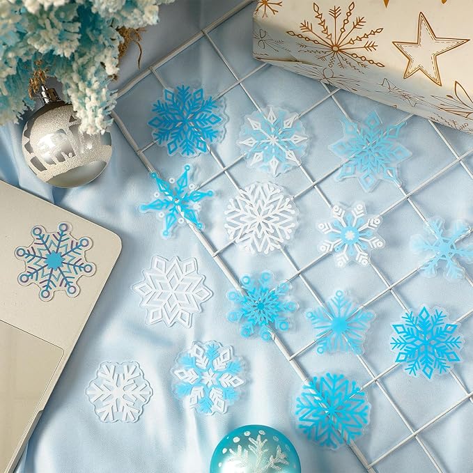 MARFOREVER 50 PCS Winter Gel Window Clings Stickers Reusable Christmas Snowflake Thick Gel Clings Decals for Kids Classroom Home Winter Christmas Party Supplies Window Glass Decorations
