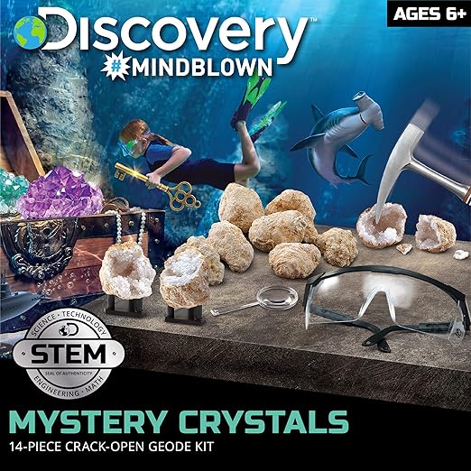 Discovery™ Crack-Open Geode Kit – Mystery Crystal STEM Science Set | 10 Natural Quartz Geodes | Kids Goggles, Magnifying Glass & Display Stands | Rock Dig Activity Toy| Educational Experiment Gift