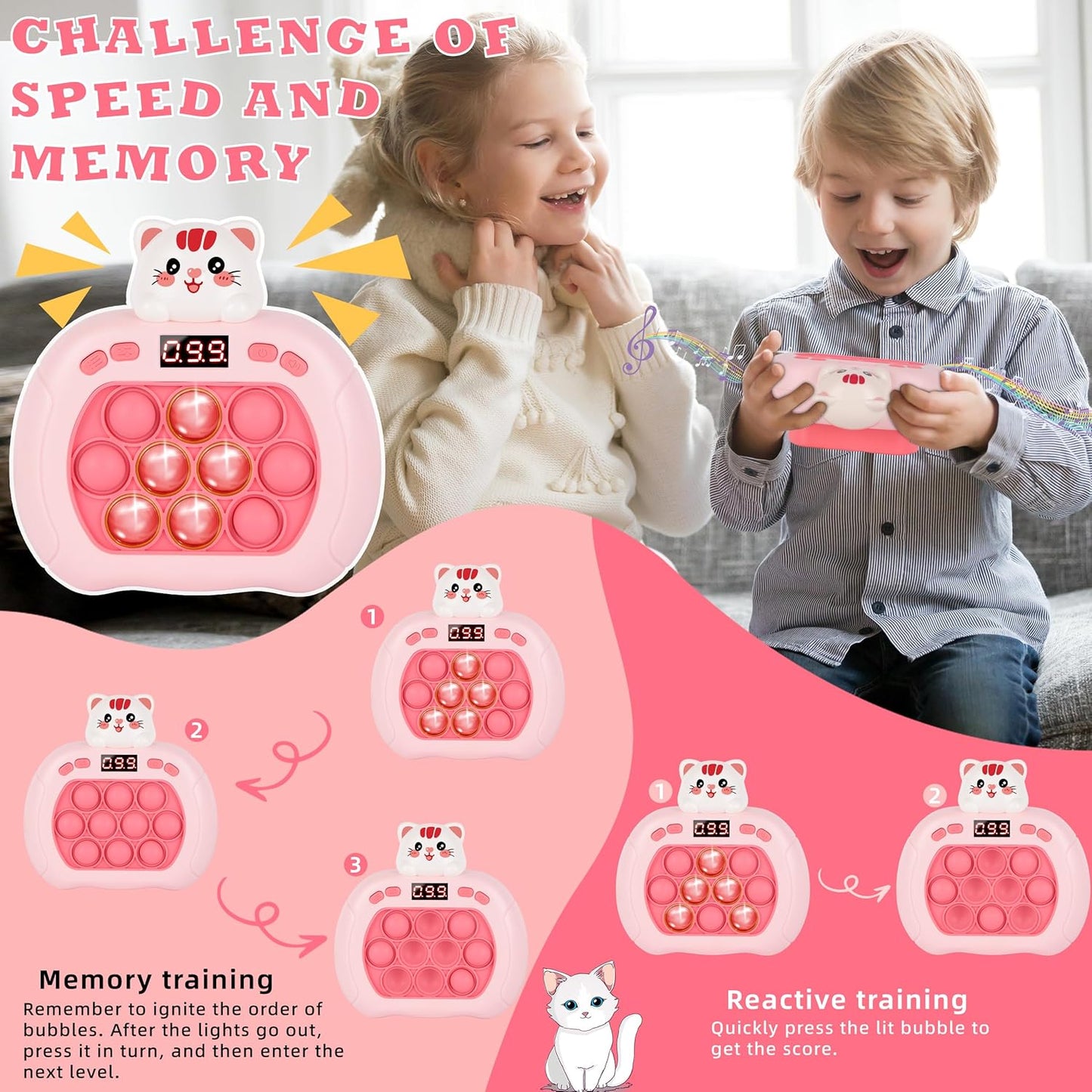 Upgraded Fast Quick Game Pop Bubble Up Toys for Kids, Funny Toys with LED Screen for Kids 3-12 for Girls and Boys Bubble Stress,Handheld Puzzle Game Sensory Toys (Batteries Included) (Kitten)