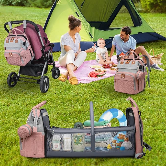 Baby Diaper Bags with Changing Station, Large Capacity Diaper Bag Backpack for Moms Dads with USB Charging Port,Travel Baby Bag with Pacifier Case & Stroller Straps(Up-PinkGrey)