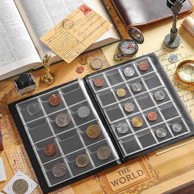 160 Pockets Coin Album - 10 Sheets Mixed Sizes Coin Holder 45x43/33x33 mm Collecting Grid for Pounds Pence Cents (Blue) CS48160BL