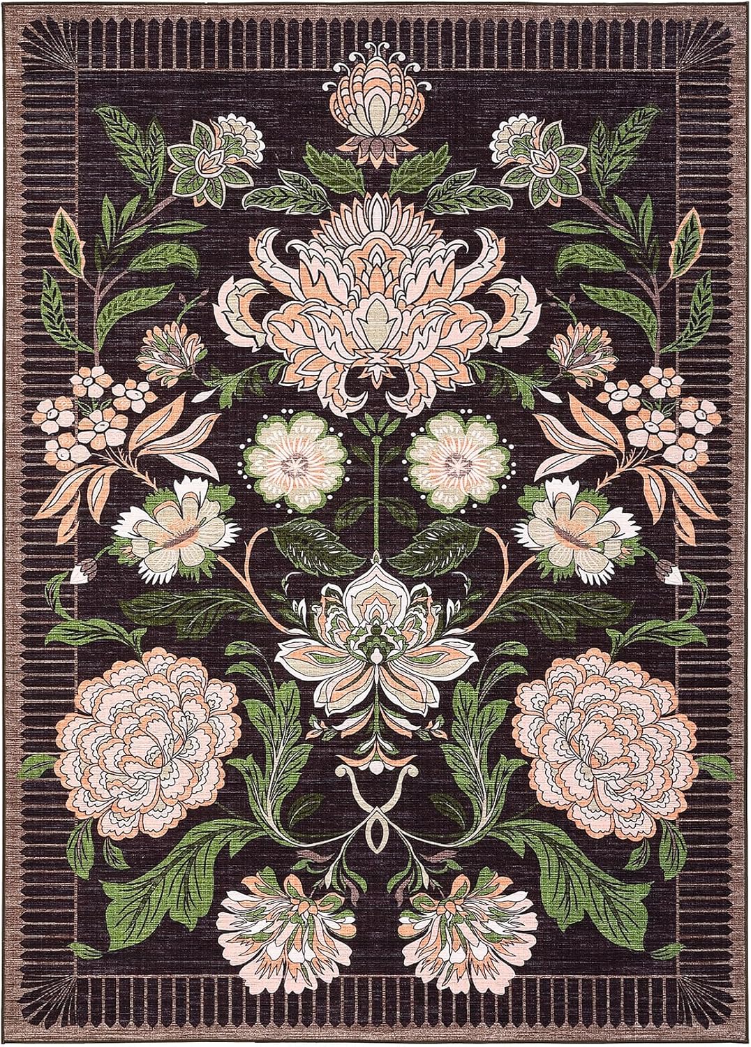 GarveeHome Plum Pink Floral Botanical Washable 9x12 Area Rug for Living Room Soft Black Purple Vintage Boho Cottage Large Rugs Low Pile Carpet for Bedroom Dining Nursery Rug