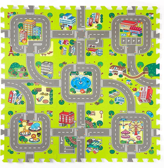 Baby Play Mats for Floor, Foam Play Mat, Interlocking Foam Tiles City Road Track Puzzle Mat 9 Pieces