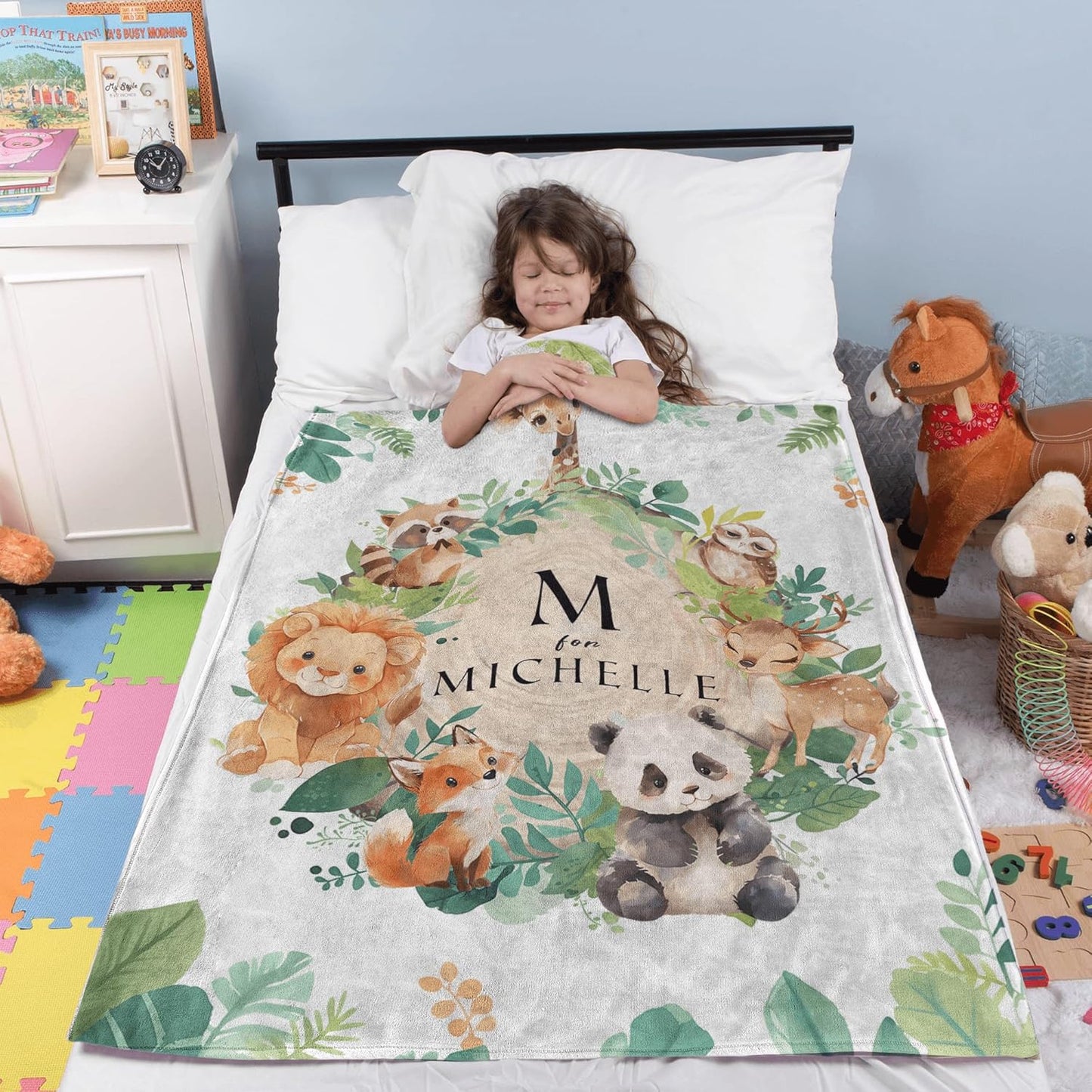 Jungle Safari Animals Greenery Monogram Baby Blanket, Personalized Custom Baby Throw Blanket with Name for Boys Newborn Son Daughter Grandson Granddaughter Toddler Birthday Bed Blanket
