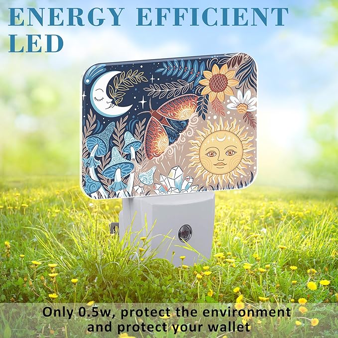 Boho Moth Mushroom Night Light for Kids, Sun and Moon With Faces LED Night Light Plug into Wall with Dusk to Dawn Sensor for Girls Boys Women Men Room, Hallway, Kitchen, Bathroom, Stairs Decor