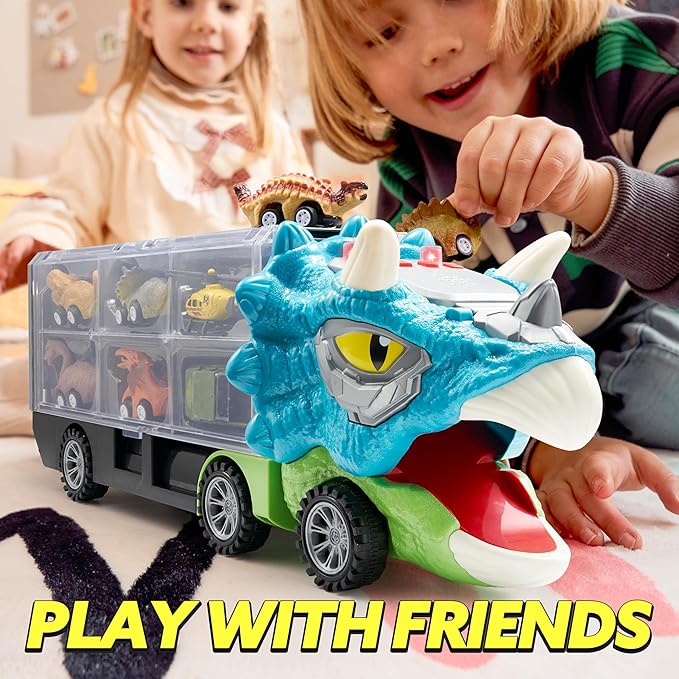 JOYIN 13 in 1 Dinosaur Toys for Kids 3-5, Triceraptor Dinosaur Truck with 12 Pull Back Cars, Birthday Gifts Toys for 3 4 5+ Year Old Boy, Transport Carrier Truck for Toddlers 3-4 Years