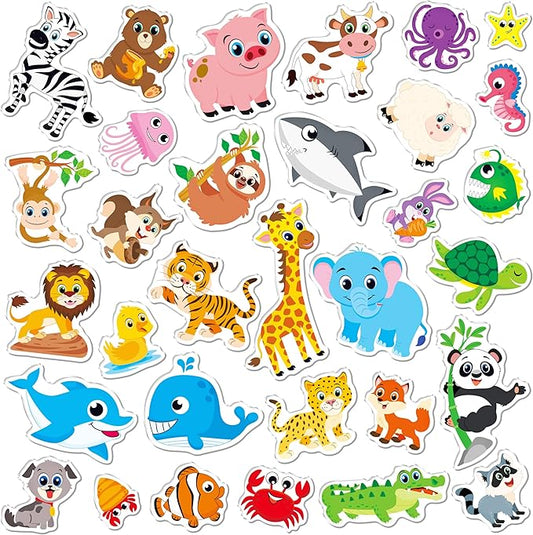 32PCS Animal Jelly Stickers, Farm/Marine/Wild Animals Thick Window Clings for Home, Classroom, Nursery, Removable Reusable Gel Cling Decals for Kids Toddlers Party Supplies Decorations (Not Edible)