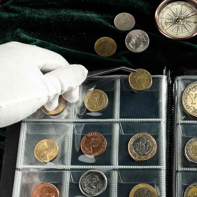 120 Pockets Coin Album - Coin Collecting Book with 10 Pages, 45x43 mm Grid Holder for Pounds Pence Cents Dollars Nickel (Black) CS48120BK