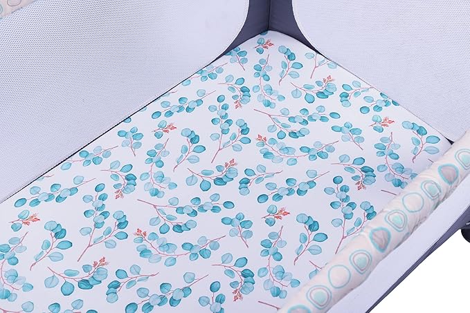 Onacosht Pack n Play Sheets 2 Pack for Baby Girl, Stretchy Jersey Knitted Playard Fitted Sheets Portable Mini Crib Mattress Cover, Watercolor Green Leaf and Plain Pink