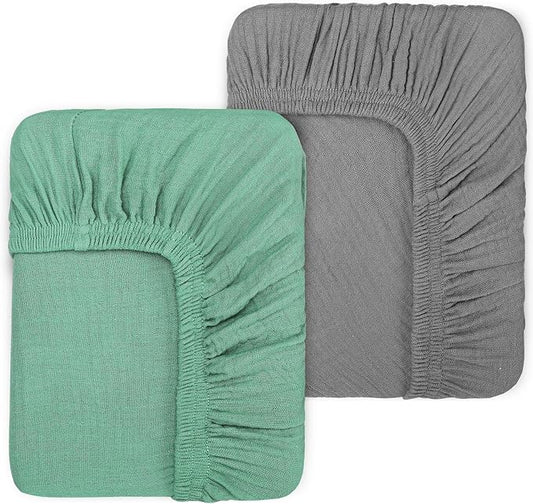 2 Pack Muslin Fitted Crib Sheets for Baby Girls & Boys-Neutral Breathable Crib Mattress Protector for Standard Crib Mattress (28"x 52") -Soft No Slip Toddler Cotton Bedding-Green & Grey