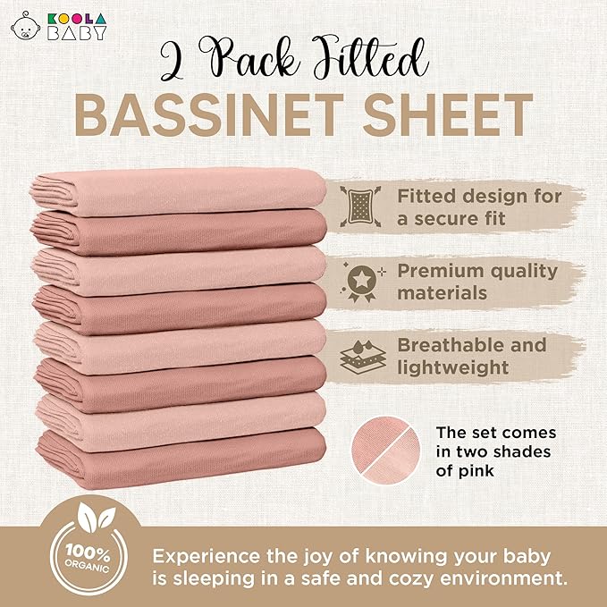 Bassinet Fitted Sheets - Compatible with Mika Micky, Fodoss & Dream on Me Poppy Traveler Bassinet | 100% Organic Jersey Cotton - Light Pink + Dark Pink| 32x19 (2 Pack)