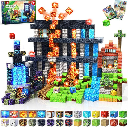 Magnetic Blocks - 150 PCS Dinosaur Volcano Forest Castle Set with Light Up Blocks - Kids Classroom Sensory Toy for Toddlers STEM, Construction Stacking Toy Kids 3+ Boys Girls Christmas Birthday Gifts