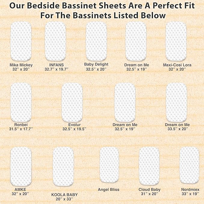 2 Pack Organic Bedside Bassinet Sheets Compatible with Mika Micky, Baby Delight, Dream On Me, AMKE and Other Bassinet Mattress Pads Size Between 17-21 in Width, 29-33 in Length, and 1.5-4 in Thick