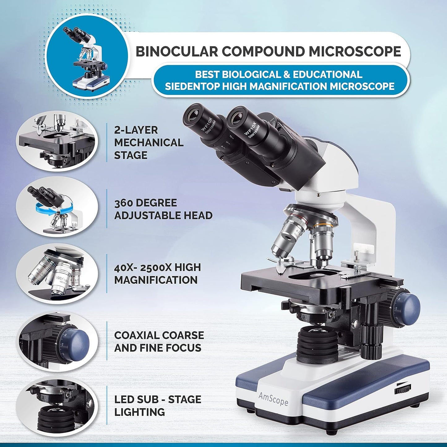 AmScope 40X-2500X LED Lab Binocular Compound Microscope with Double Layer Mechanical Stage + Book + 100 Prepared Slides