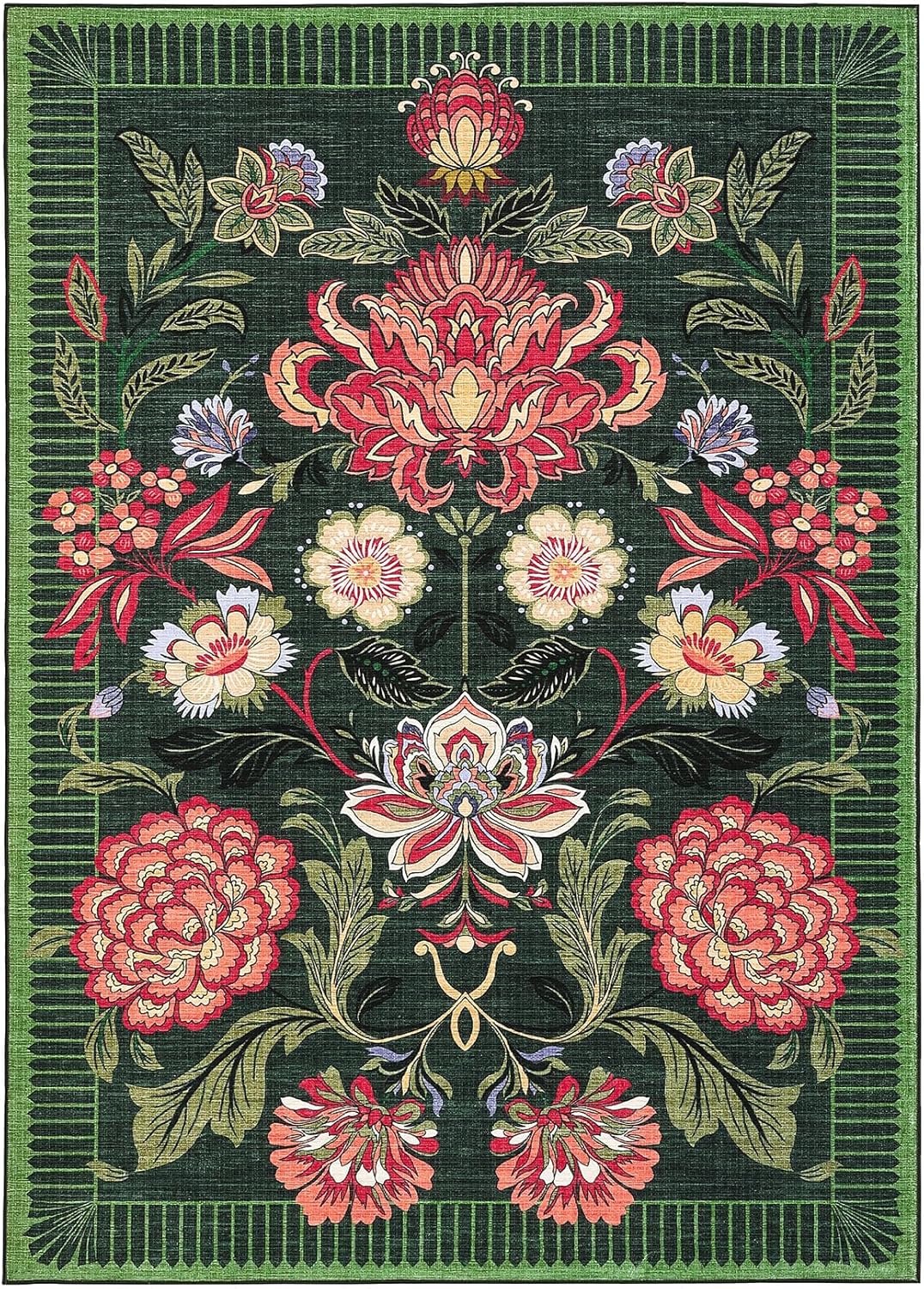 GarveeHome Forest Green Floral Botanical Washable Rugs 5x7 Area Rug for Living Room, Vintage Boho Cottage Throw Rugs Low Pile Carpet for Bedroom Dining Nursery Rug