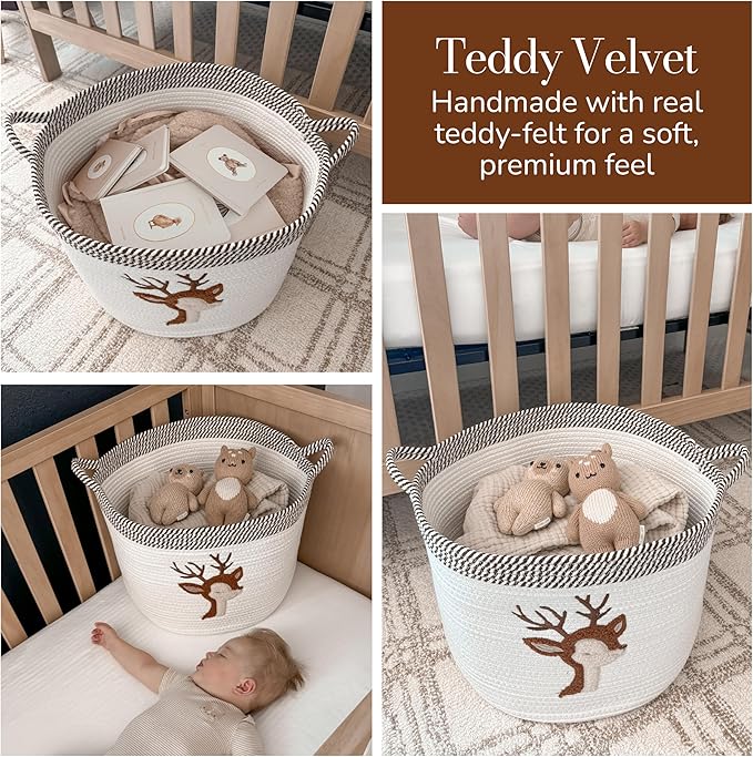 Deer Storage Basket for Nursery – Large 15”x11” Cotton Rope Bin with Soft Felt Animal Patch – Toy Organizer, Baby Laundry Hamper, Diaper & Towel Holder – Foldable, Washable & Baby-Safe