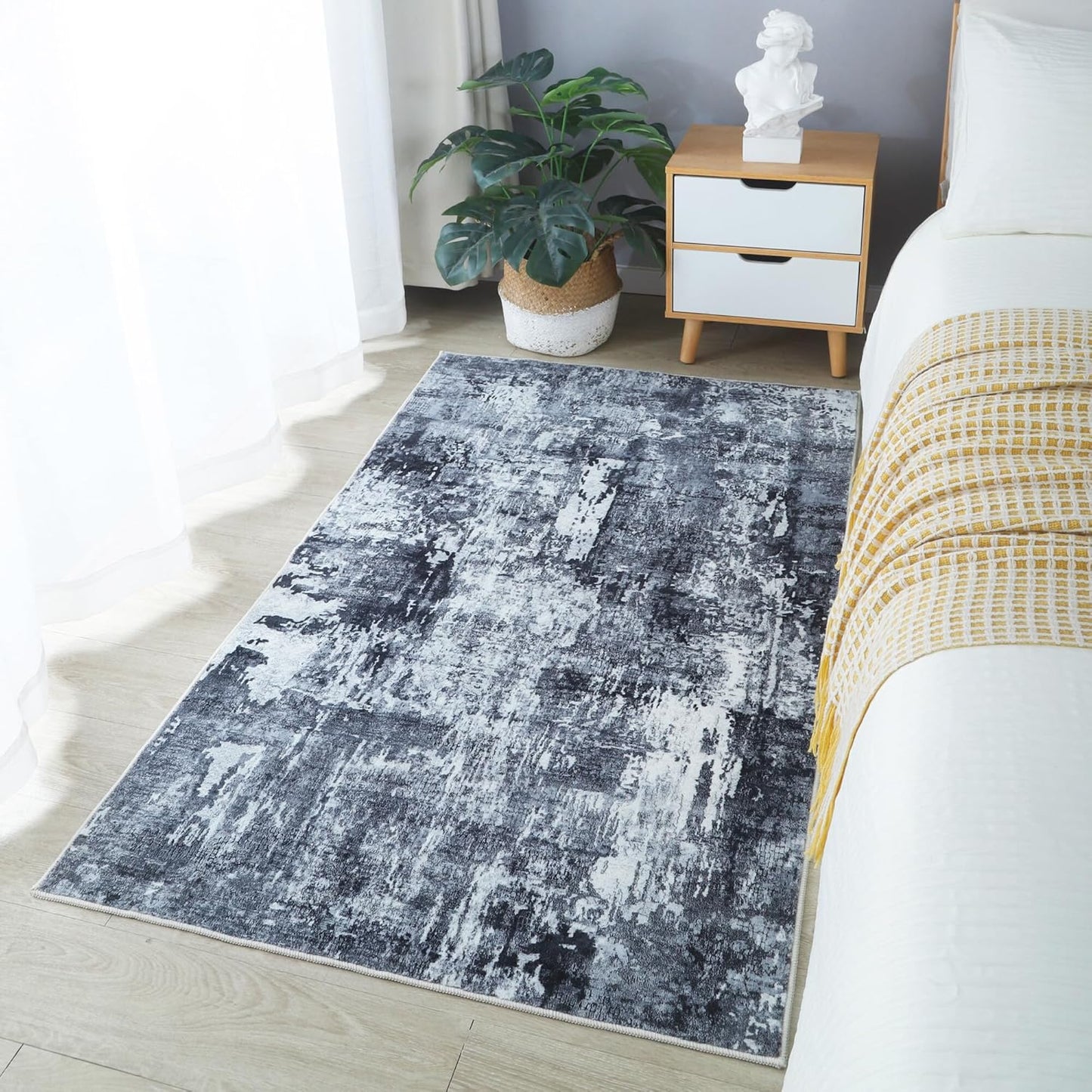 3x5 Rug Washable Boho Rug Soft Area Rug Abstract Pattern Non-Slip Non-Shedding Faux Wool Vintage Rug for Bedside, Bedroom Rug, Kitchen, Floor, Indoor, Laundry, Grey and Black