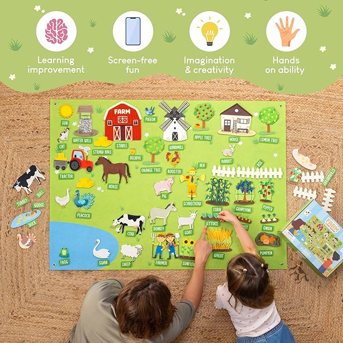 BONNYCO Felt Board for Toddlers with 92 Animal Farm Figures. Montessori and Sensory Toys, Birthday Gifts for Kids 3-8 Years Old. Educational Games, Learning Activities, Christmas