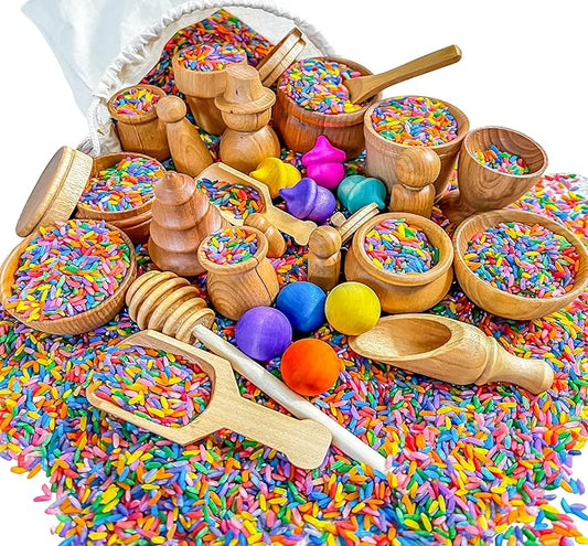 Wooden Tool Set for Sensory Bin (30 Piece), Child-Sized Montessori Sensory Toys for Developing Fine Motor Skills, Smooth Wooden Toys, Bin Scoops and Tools