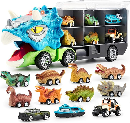 JOYIN 13 in 1 Dinosaur Toys for Kids 3-5, Triceraptor Dinosaur Truck with 12 Pull Back Cars, Birthday Gifts Toys for 3 4 5+ Year Old Boy, Transport Carrier Truck for Toddlers 3-4 Years