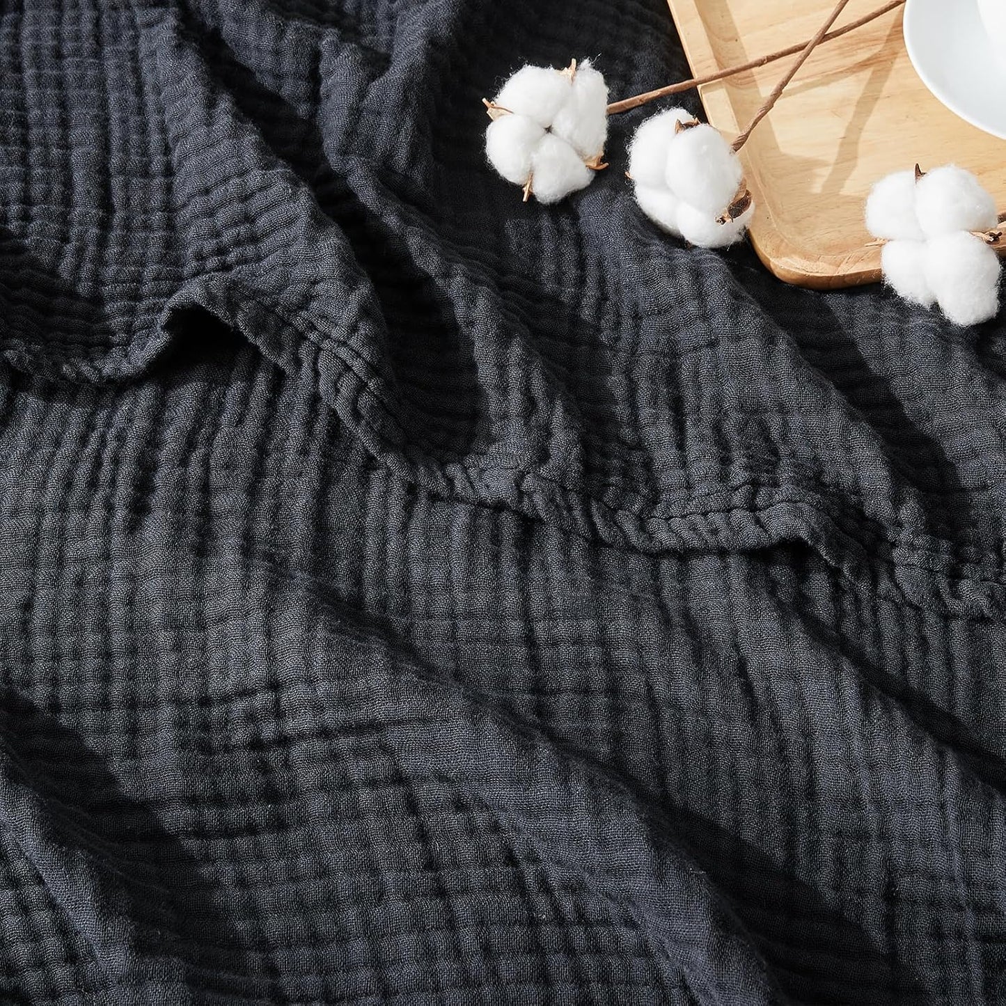 EMME Cotton Muslin Throw Blanket Couch Breathable Gauze Blanket Soft Lightweight Blankets Adults (Black, 50"x60")