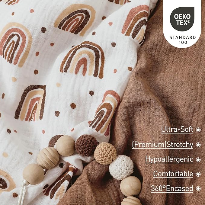 Muslin Bassinet Fitted Sheets, 2 Pack for Baby Boy and Girl, Soft Breathable Stretchy Baby Pad/Mattress Sheet Set, Universal Fit for Hourglass Oval and Rectangle Bassinet Mattress (Cute Rainbow)