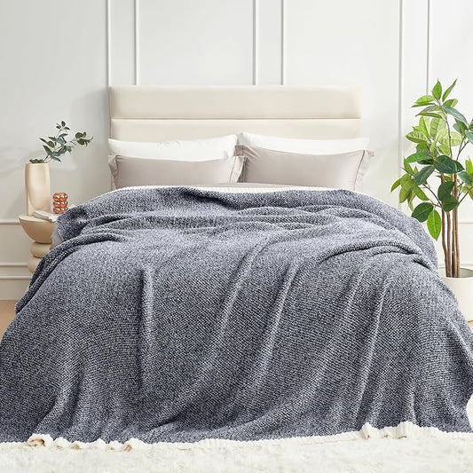 Snuggle Sac Queen Size Bedding Blanket Navy, Oversized Super Soft Bed Blankets Warm Cozy Knit Fuzzy Microfiber Blankets for Bed, Heather Navy, 90 x90