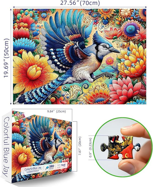 1000 Piece Jigsaw Puzzle for Adults - Colorful Floral & Blue Jay Art Puzzle, 27.5x19.7 Inches Challenging Adult Puzzles for Relaxation, Home Decor & Gift