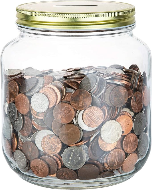 Large Coin Bank Jar with Slotted Gold Lid Holds Over $1,450 in Coins- Used for Piggy Bank and Raffle Ticket Drawing - Glass Money Jar Made in USA - Half Gallon