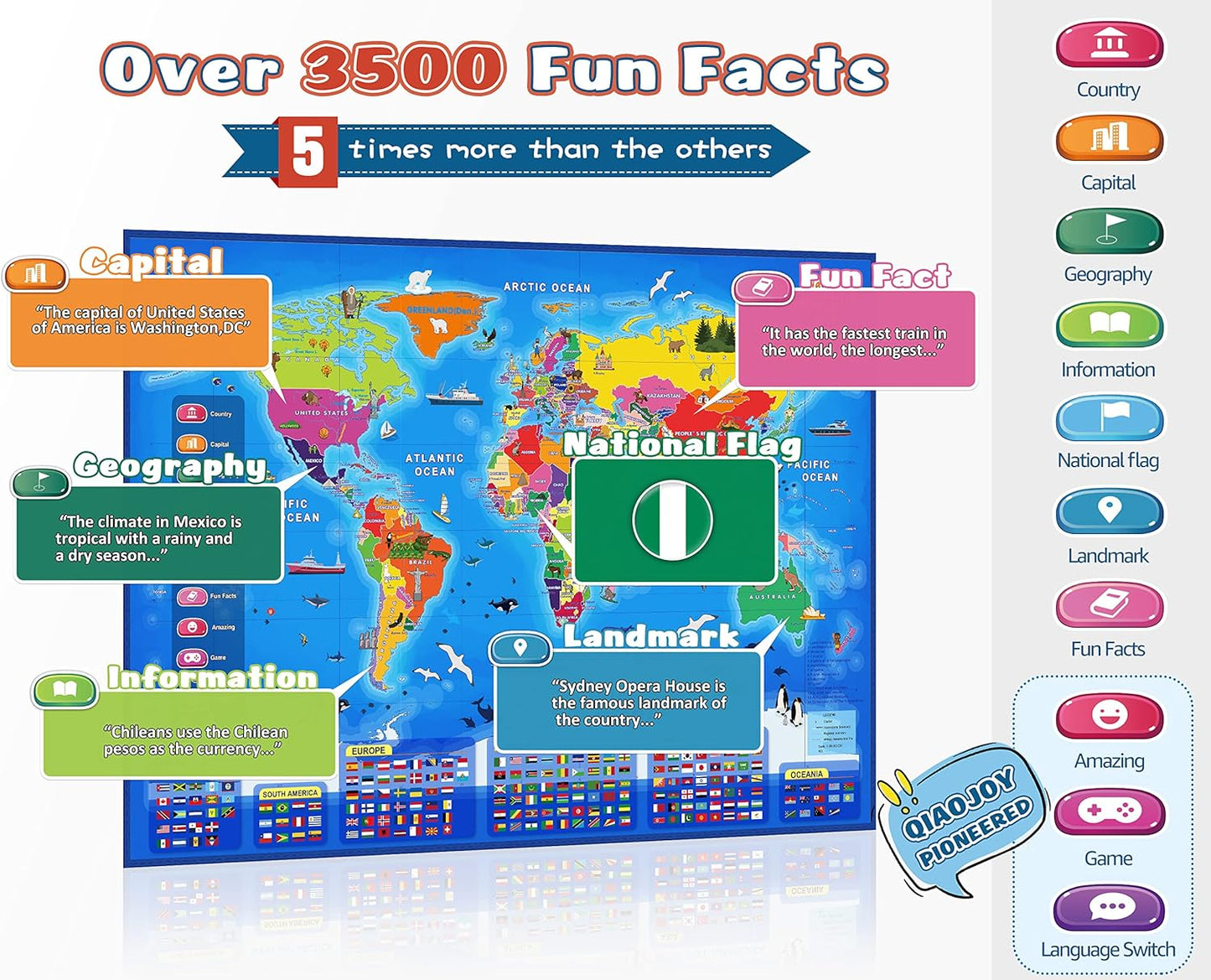 Bilingual Interactive World Map for Kids Learning and Educational Toys, Talking Electronic Kids World Map i-Poster Geography Games Ages 3 to 12 Years Old, Custom Talking Birthday Gifts Card