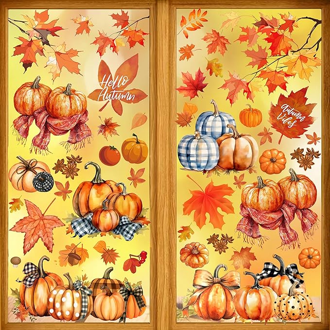 Autumn Pumpkin Window Stickers, Autumn Maple Leaf Decoration Stickers, Thanksgiving Harvest Window Stickers, Double-Sided Printing Suitable for Holiday Decoration