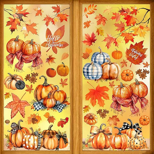 Autumn Pumpkin Window Stickers, Autumn Maple Leaf Decoration Stickers, Thanksgiving Harvest Window Stickers, Double-Sided Printing Suitable for Holiday Decoration