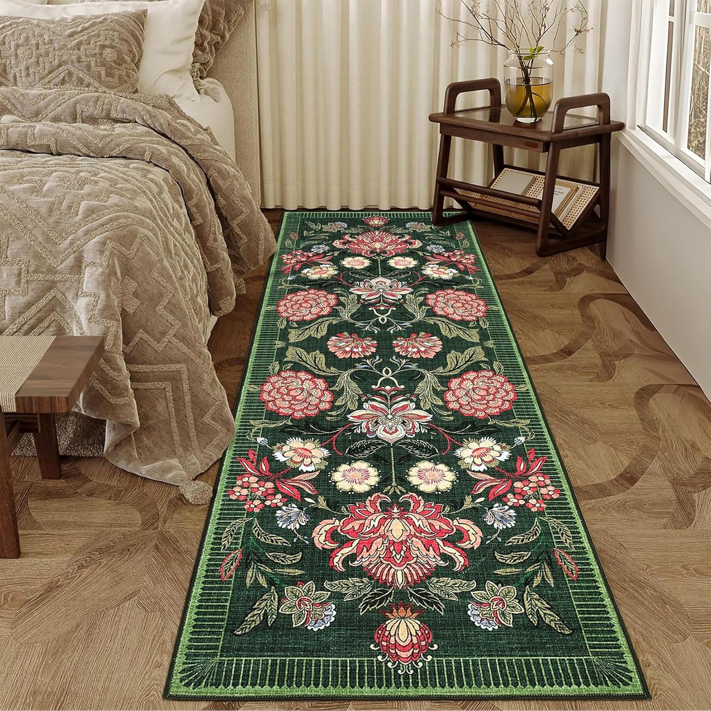 GarveeHome Forest Green Floral Botanical 2x6 Washable Kitchen Runner Rugs Non Slip Vintage Boho Cottage Long Rug for Hallways Bedroom Entryway Bathroom Mat with Rubber Back