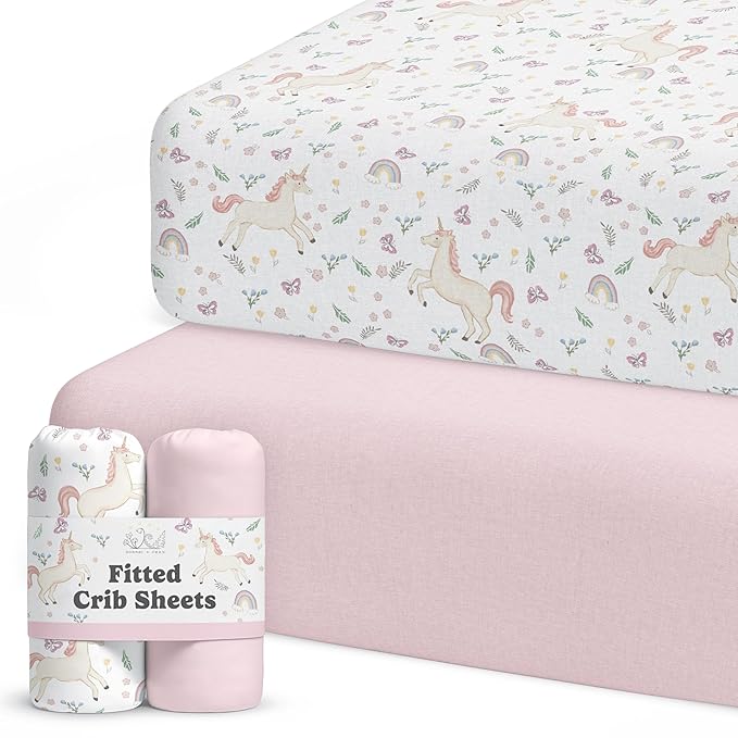 Sorrel + Fern Crib Sheets Neutral - Fitted Baby Crib Sheets Bed for Girl Boy - 2 Pack Standard & Toddler Mattress (Unicorn Blossom) - Buttery Soft Organic Cotton Blend