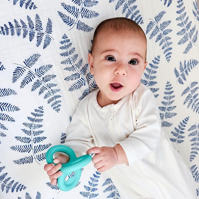 Margaux & May Organic Muslin Cotton Baby Crib Sheet, Blue Fern Print, Fitted, Breathable, Toddler Bedding, 52 x 28, Deep Pocket, Organic Crib Sheets for Cozy Sleep