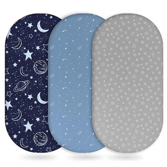 Baby Bassinet Sheets Girl Boy, Fitted Bassinet Sheet Set 3 Pack Bassinet Mattress Sheets Universal Fit for Rectangle, Round, Oval, Hourglass Mattress, Soft Breathable Blue Gray Planet