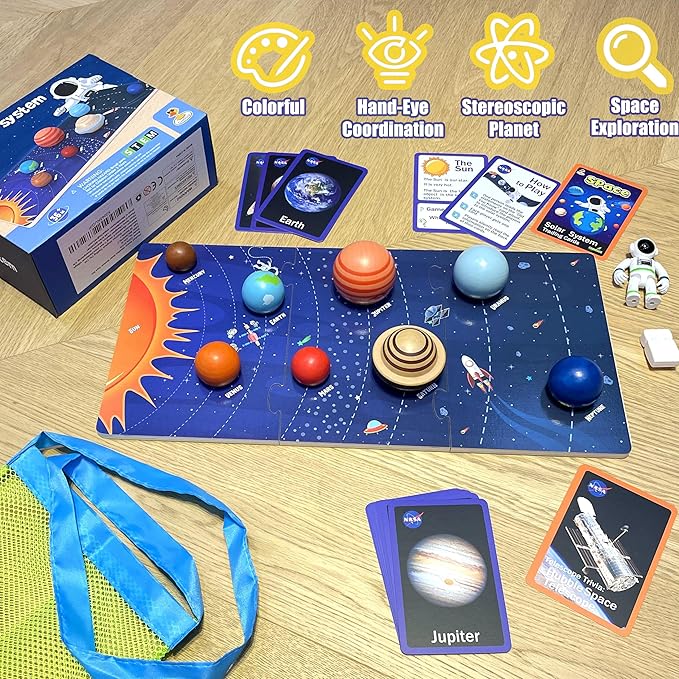 COOLDUCK 30 Pcs Wooden Solar System Model Board Toy Kit, Montessori Planet Balls Toys with Astronaut Figures, Preschool Learning Educational Puzzle, Space Knowledge Flash Cards Learning Toys for Kids