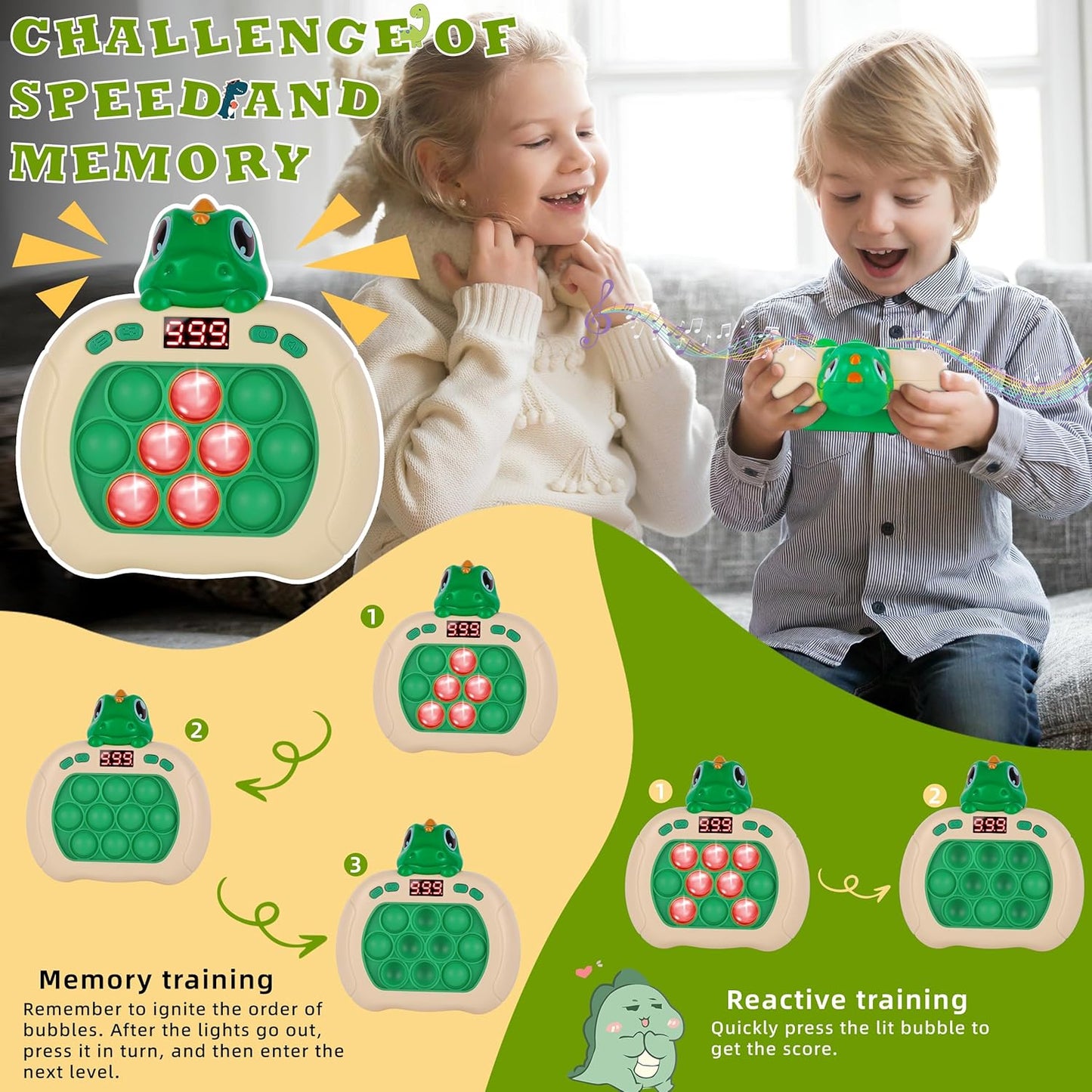 Upgraded Fast Quick Game Pop Bubble Up Toys for Kids, Funny Toys with LED Screen for Kids 3-12 for Girls and Boys Bubble Stress,Handheld Puzzle Game Sensory Toys(Batteries Included) (Green Dinosaur)