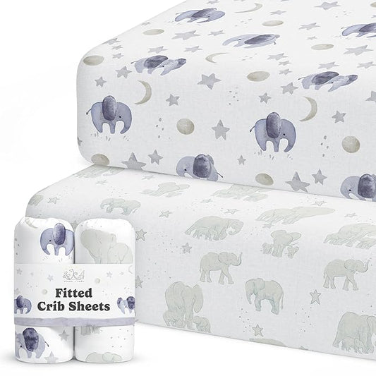 Crib Sheets Neutral - Fitted Baby Crib Sheets Bed for Girl Boy - 2 Pack Standard & Toddler Mattress (Watercolor Elephants) - Buttery Soft Organic Cotton Blend