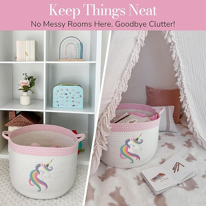 Unicorn Storage Basket for Nursery – Large 15”x11” Cotton Rope Bin with Soft Felt Animal Patch – Toy Organizer, Baby Laundry Hamper, Diaper & Towel Holder – Foldable, Washable & Baby-Safe