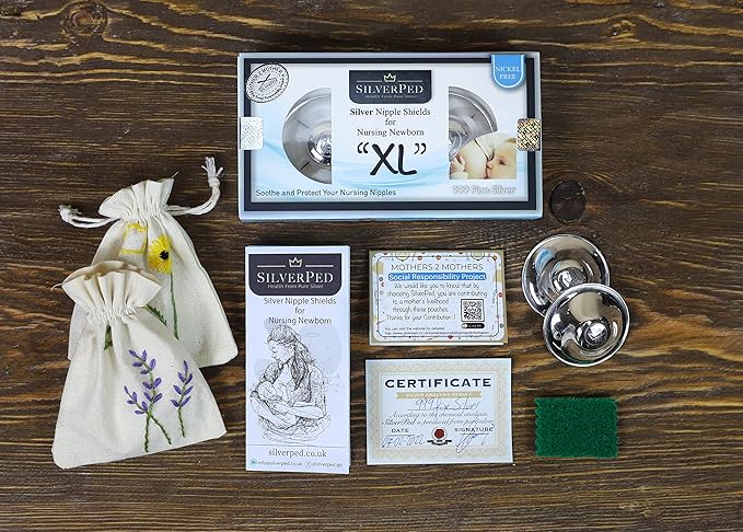 100% Silver Nipple Shield, Soothe and Protect Sore Nipples for Breastfeeding Newborn, Eco-Friendly Nickel-Free Silver Nipple Covers, Polished Surface, 2 Pieces (XL)