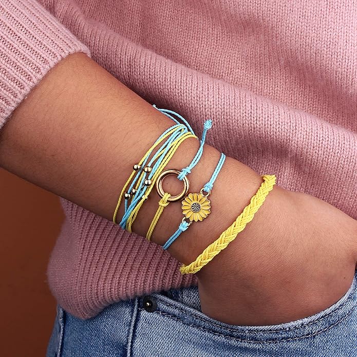 FANCY SHINY Sunflower String Bracelet Boho Braided Rope Wrap Bracelets Cute Summer Beach Surfer Jewelry for Women Christmas Gifts
