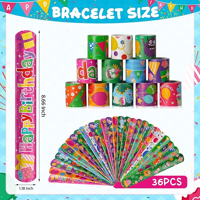 Childom 36 Pcs Birthday Slap Bracelet,Party Bracelet Gifts Birthday Decorations,Holiday Goodie Bag Stuffers for Party Favors,Bracelets Bulk for Home School Classroom Prizes Anniversary Holiday Outdoor