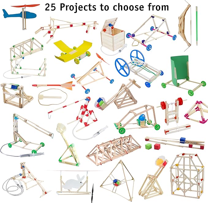 STEM Craft Kit - 25 Engineering Project Ideas - Invention Kit with Over 400pcs of Craft Wood, Propellers, Wheels, Hot Glue, Hydraulics and More Supplies for DIY Kids' Projects