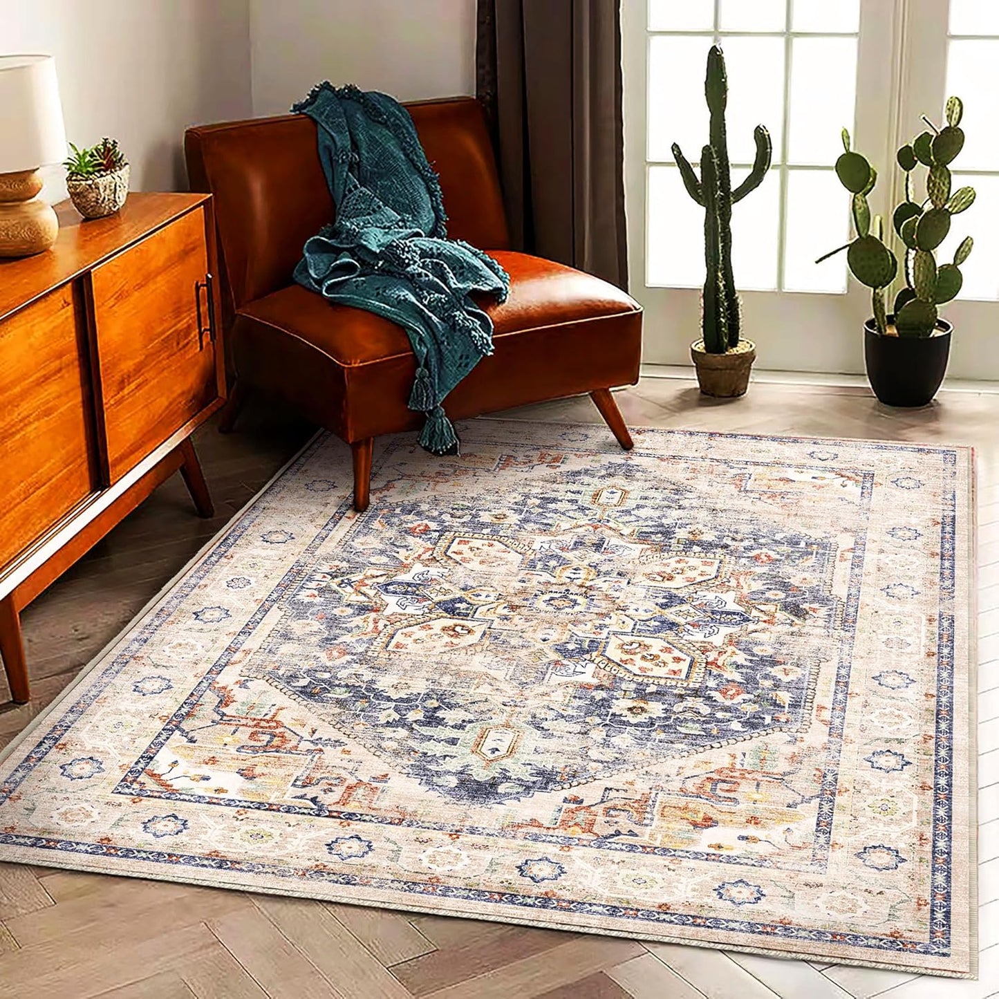 3'x5' Blue Khaki Vintage Washable Thin Area Rug Traditional Floor Cover Foldable Indoor Distressed Non Slip Carpet Floral Print Mat for Bedroom Living Room Bathroom