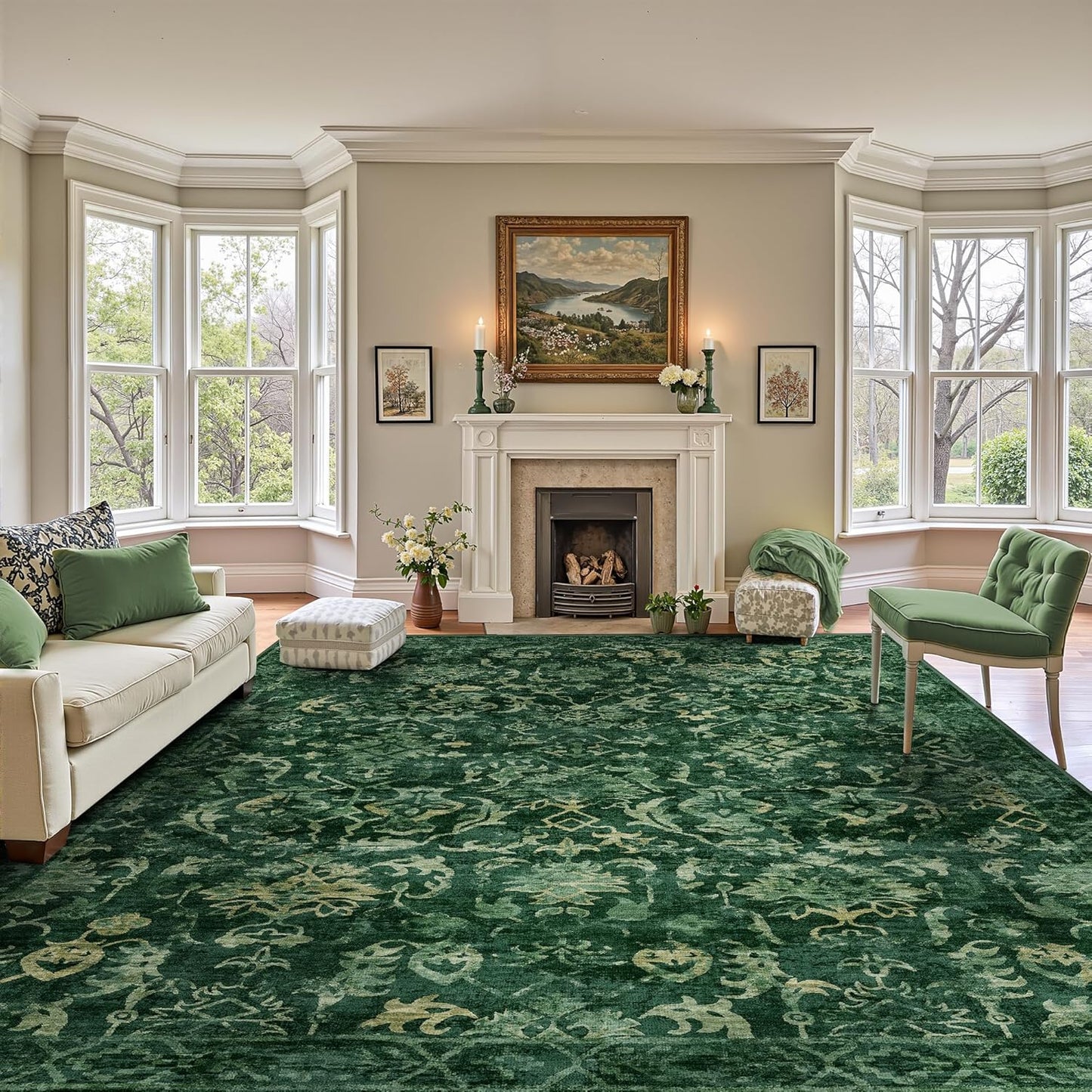 Deerly Dark Green Area Rugs 9x12 for Living Room Soft Non-Slip, Large Bedroom Rug Vintage Dining Room Rug Tribal Farmhouse Carpet for Dining Room Office Green