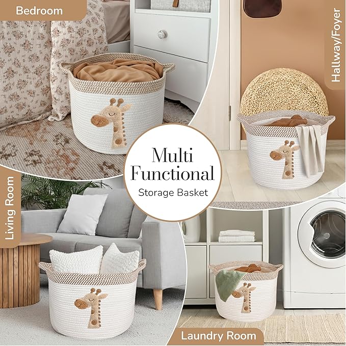 Giraffe Storage Basket for Nursery – Large 15”x11” Cotton Rope Bin with Soft Felt Animal Patch – Toy Organizer, Baby Laundry Hamper, Diaper & Towel Holder – Foldable, Washable & Baby-Safe