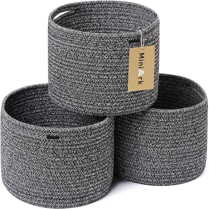 Small Basket for Organizing | Cube Shelf Closet Storage Baskets | 9.7×9.7×7.1” | Woven Rope Gift Basket | Nursery | Round 3 Packs Dark Gray