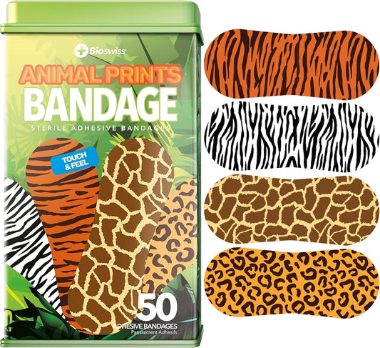 BioSwiss Bandages, Animal Print Shaped Self Adhesive Bandage, Latex Free Sterile Wound Care, 50 Count